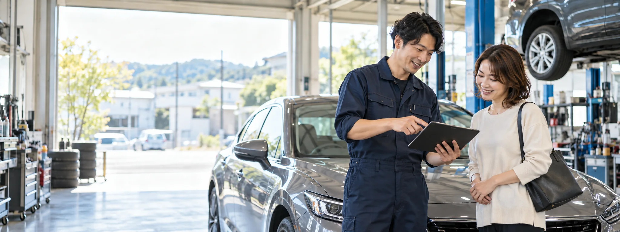 整備内容をお客様へ丁寧に説明する自動車整備スタッフ